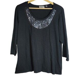 Avenue Black Sequin Top Size 18 20 Pullover 3/4 Sleeve Scoop Neck Cocktail